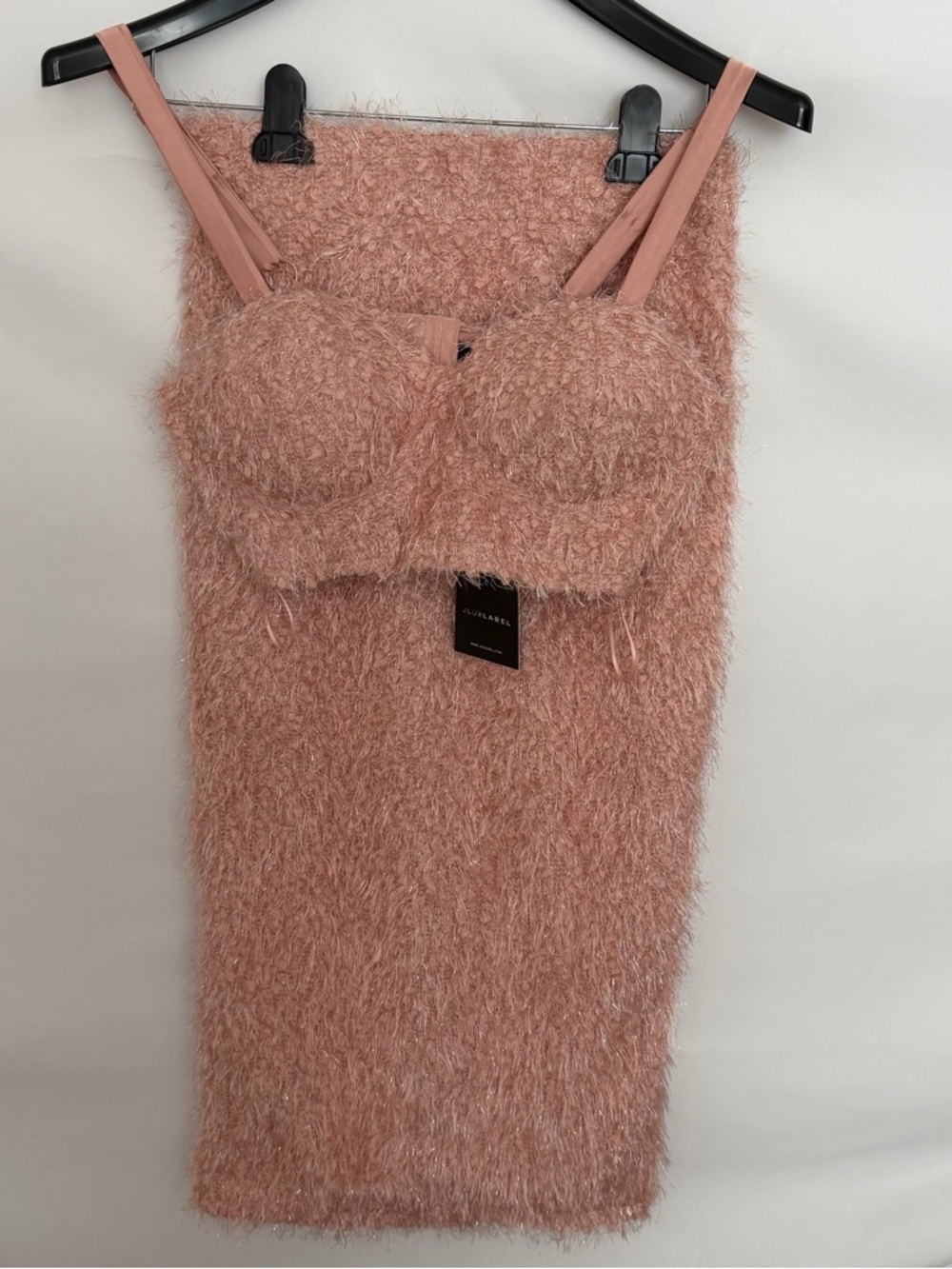 JLUXLABEL Pink Fuzzy 2 Piece Set Crop Top Skirt Size L